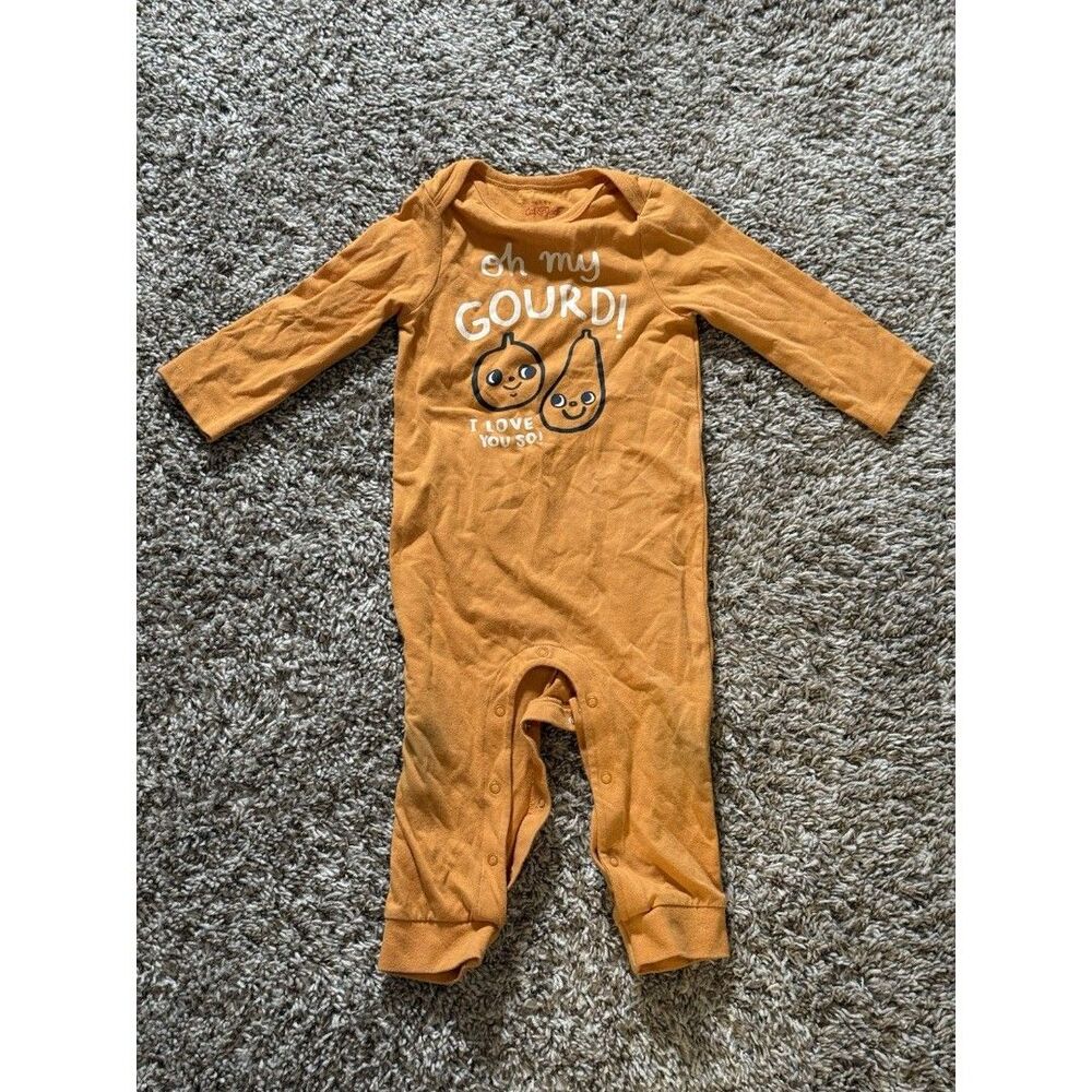 Cat & Jack Baby Romper 12M Pumpkin Fall “Oh My Gourd!” Long Sleeve One-Piece